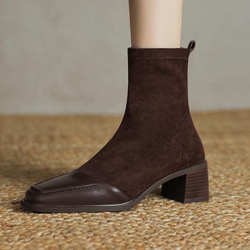 Krazing Pot Cow Skin Winter Square Toe Chelsea Boots Med Heels Zipper Women Flock Patch Work Ankle Boots