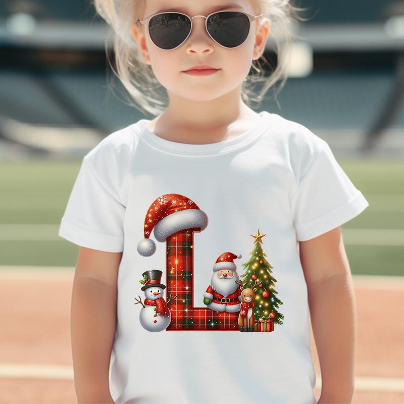 Personalized Kids Christmas T-shirt with A-Z Alphabet Print, Santa Hat Design for Boys & Girls