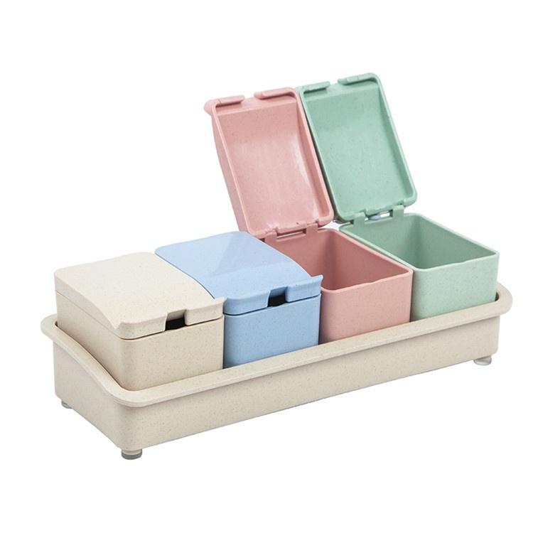 

Новая креативная коробка для приправ из пшеничной соломы, четыре сетки с ложкой, контейнер для еды, банка для специй, домашний кухонный прибор