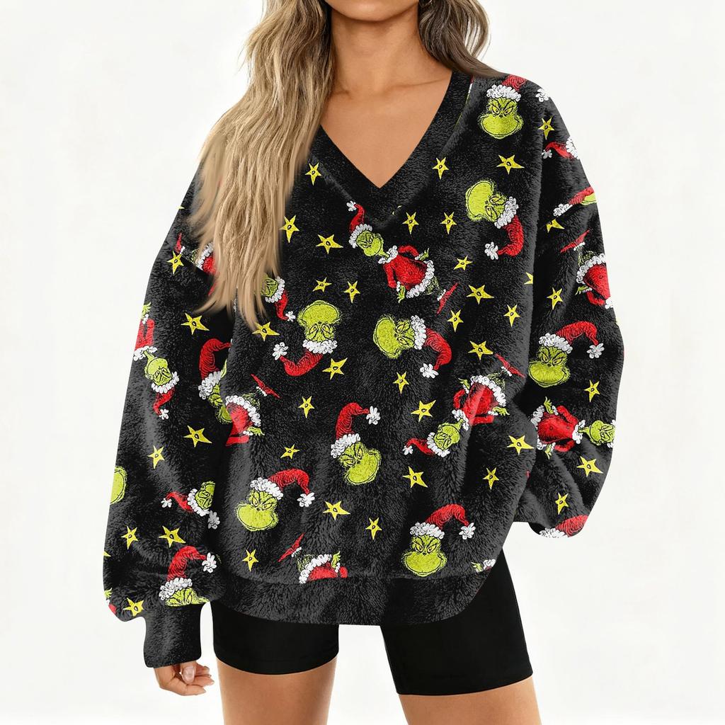 Damen Modischer V-Ausschnitt Weihnachten Bedruckt Langärmlig Lässiger Pullover Plüsch Warm Tasche Sweatshirt Oberteil