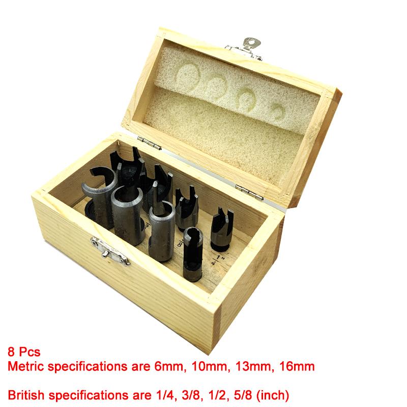8pcs/set Wood Plug Cutting Tool Drill Bit Straight And Tapered Taper 5/8" 1/2" 3/8" 1/4" Woodworking Cork Drill Bit Knife