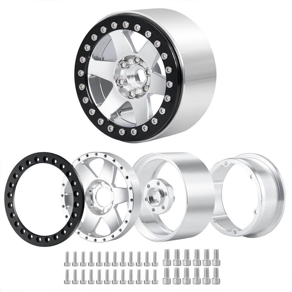 2.2 RC Rock Crawler Wheel Rims, Aluminum Beadlock Wheel Hubs for AXIAL WRAITH 90048 RR10 (Silver + Black, 4pcs)