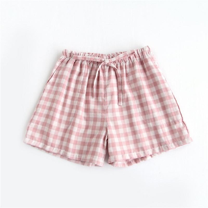 Paar Pyjamas Sommer Baumwolle Gaze Shorts japanischen Stil einfache elastische Taille lässig große Gitter Männer und Frauen Heimhosen