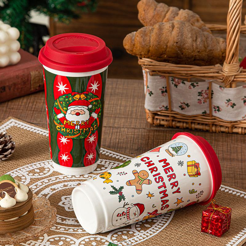 New Year's Santa Claus Ceramic Mug with Lid, Coffee Cup, Gift Giving, Holiday Living Room Breakfast Milk Cup