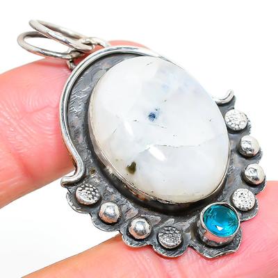 Natural Rainbow Moonstone, Topaz Gemstone 925 Sterling Silver Pendant 2.01" S0t05