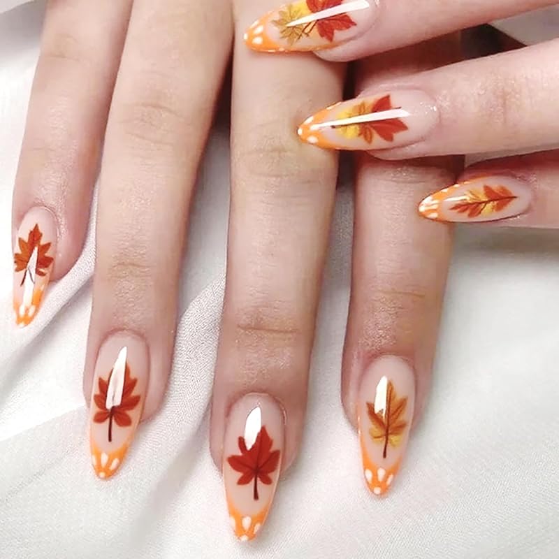 Fall Leaf Press On Nails Thanksgiving Fake Nails with Rhinestones Design Long Almond Autumn Acrylic Nail Glossy Maple Leaves Glue On Nail for Women
