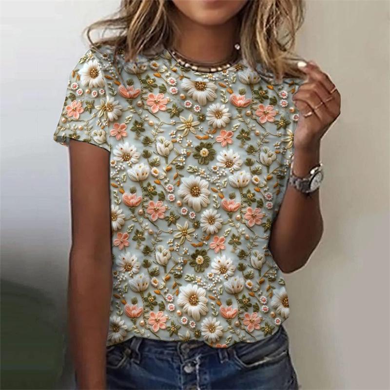 Camiseta feminina com estampa de flores e folhas em 3D, manga curta, estampa de plantas, gola redonda, casual, verão, camisetas femininas, camisetas grandes