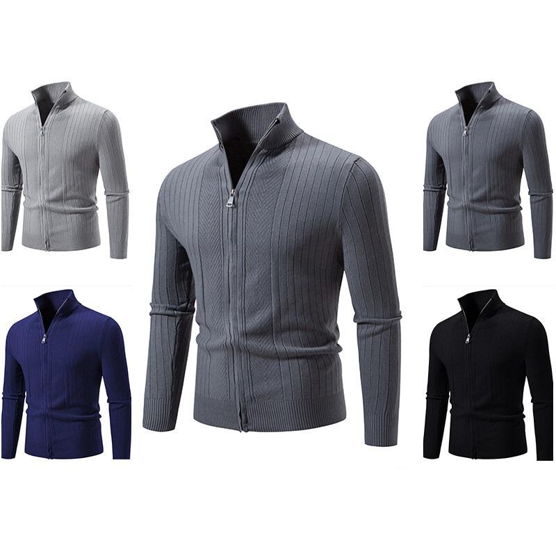 Mens Stand Collar Thickened Jacquard Zip Up Cardigan Knit Sweater