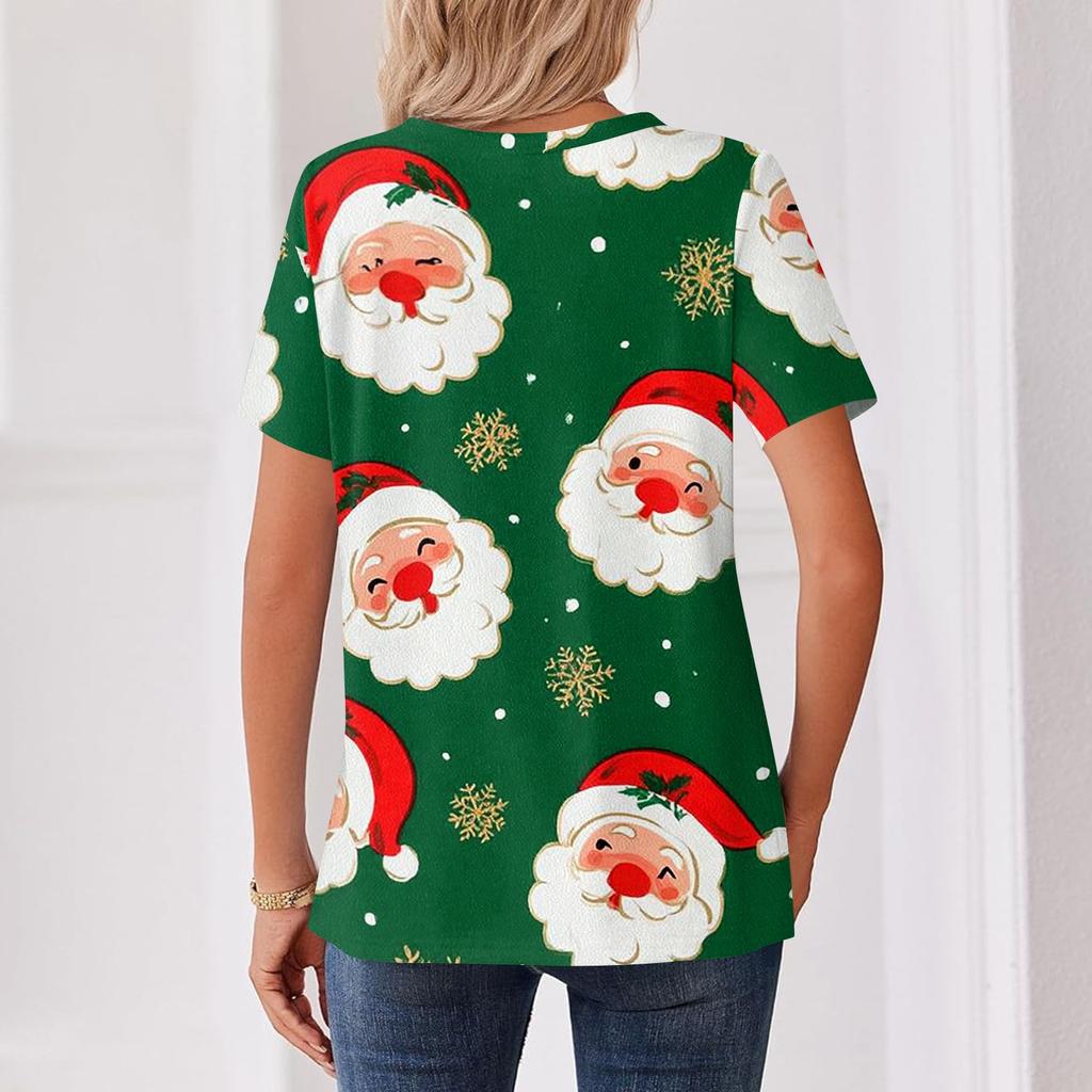 Women's Christmas Printed V-Neck Short Sleeve Button T-Shirt Casual Holiday Top