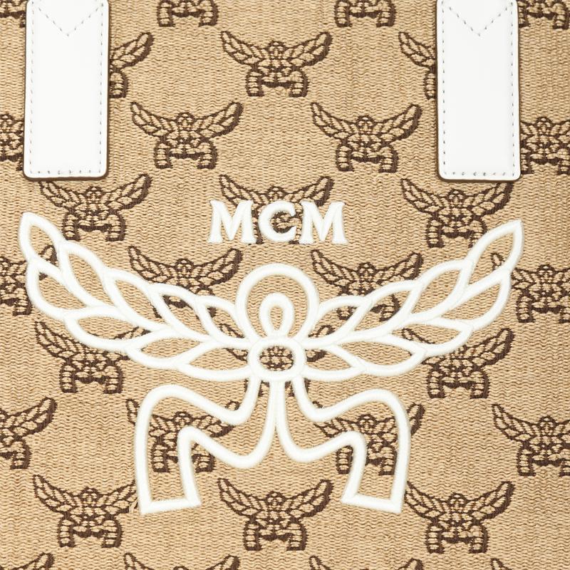 MCM Lauretos Canvas Tote Bag with Large Logo & Leather Handles for Daily & Travel Use