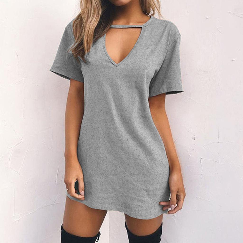 Mode Damen Lässig Kurzarm V-Ausschnitt Einfarbig Damen Aushöhlen Kleid