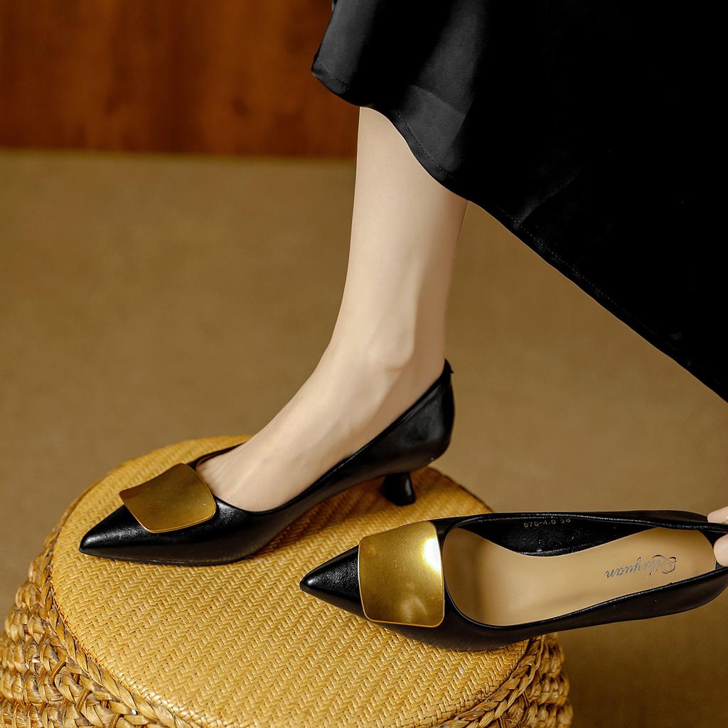 stiletto high heels 2026 spring French metal buckle pointed middle heel not tired feet soft leather shallow mouth single shoes