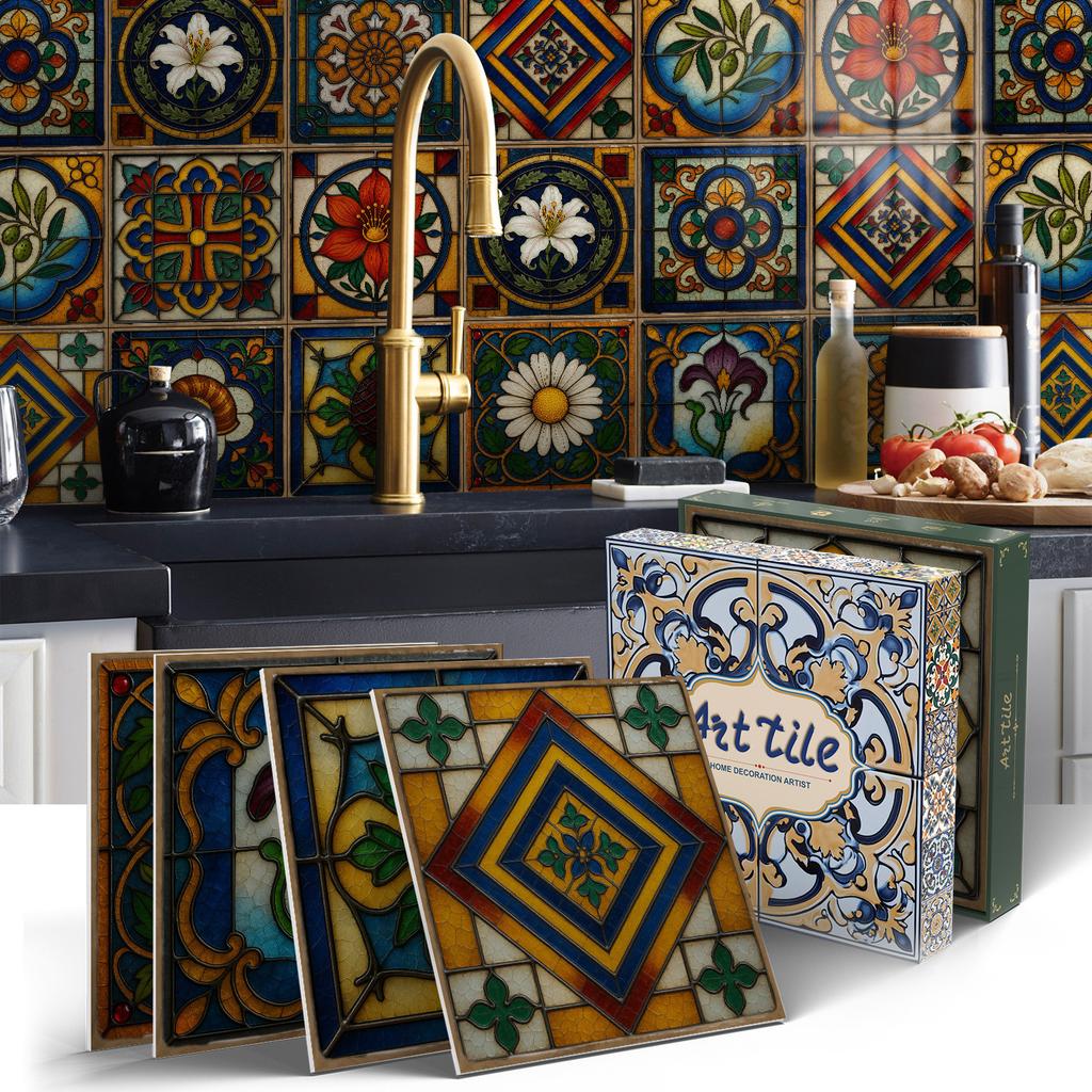 PET Foam Thickened Self-adhesive Wall Sticker, Waterproof and Anti-fouling European Mandala Wallpaper Tile Sticker for Kitchen and Bedroom