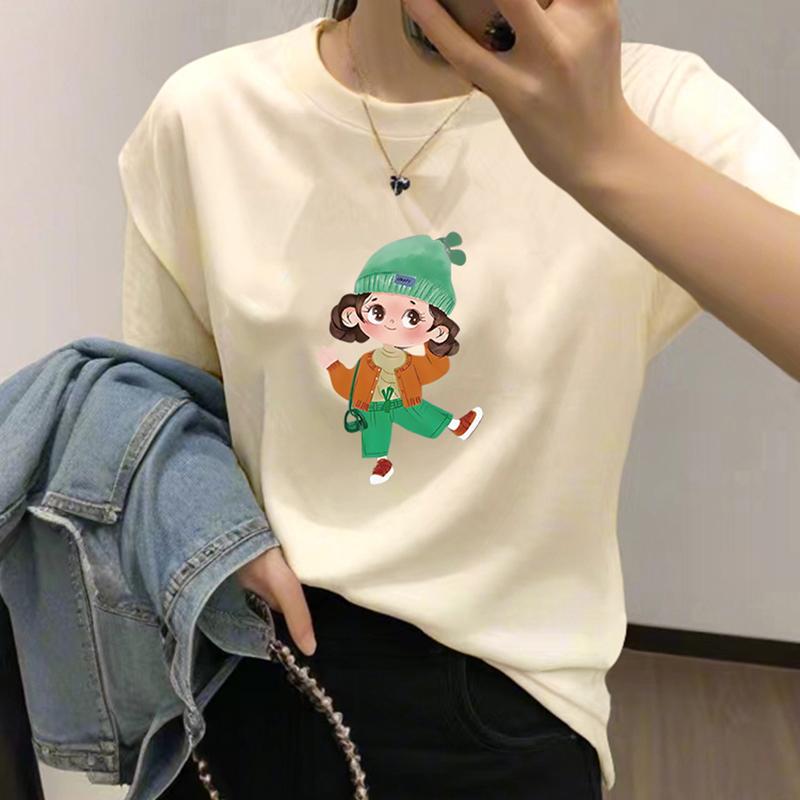 

Летняя хлопковая футболка с коротким рукавом женская 2025 новая с принтом спереди на плече круглый вырез белая внутренняя майка базовая футболка инс S