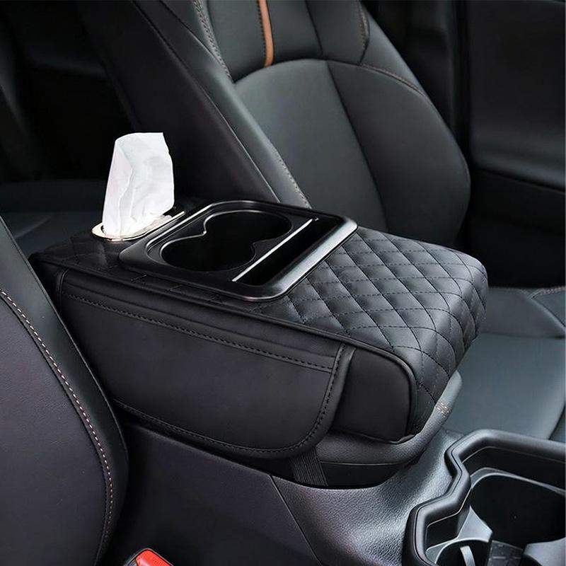 Auto PU Leder Universal Armlehnenkonsolenverlängerung mit 2 Getränkehaltern Auto Innenraum Aufbewahrungsbox Erhöhungskissen Taschentuch Organizer