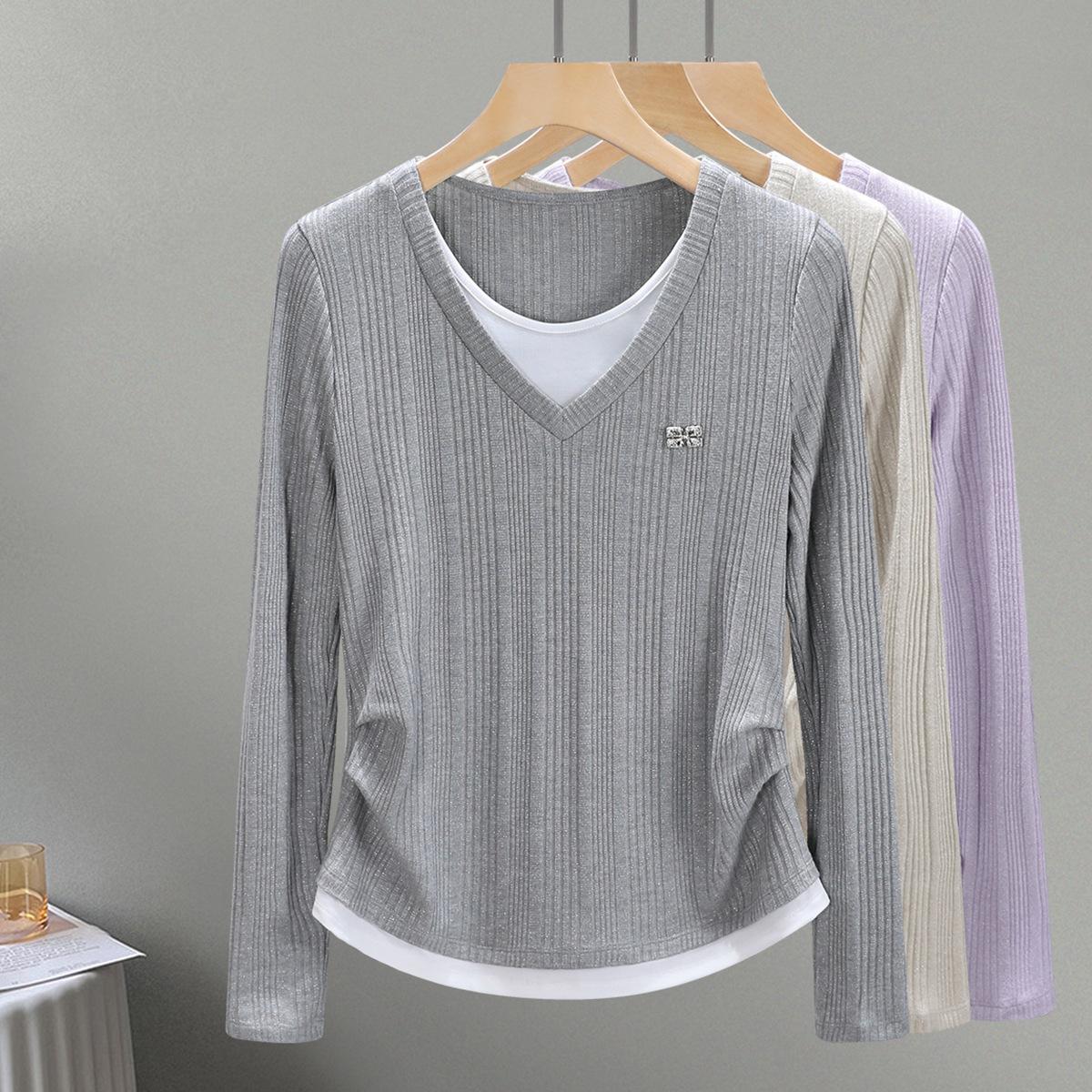 

Fake two long-sleeved women s summer and autumn summer design sense niche slim-fit front shoulder inner bottoming shirt top M серый