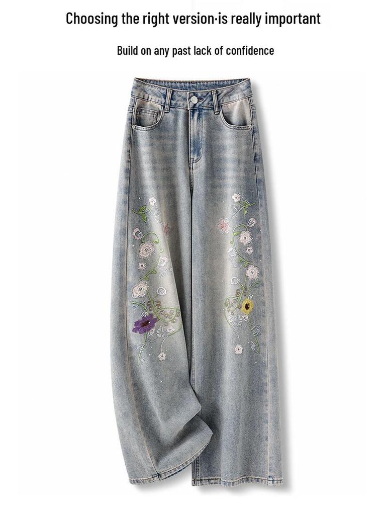 Women's High-Waist Embroidered Straight-Leg Jeans - Floral Ethnic Style for Spring & Autumn