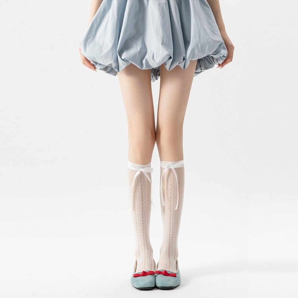 Sexy Hollow Lace Lace Calf Socks Bowknot Detail Thin Fishnet Stockings Breathable High Elastic Jk Long Stocking Daily Wear