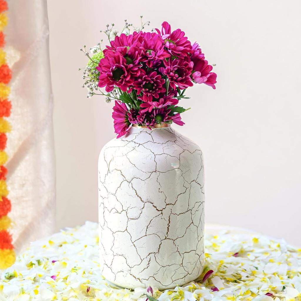 Metal Flower Vase For Home Décor, Bedroom, Off White Crackled - 10.5 X 15.7 Cm