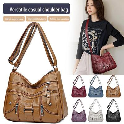 Genuine Leather Multi-Compartment Crossbody Bag - Versatile, Large Capacity Fashion Shoulder Bag for Women