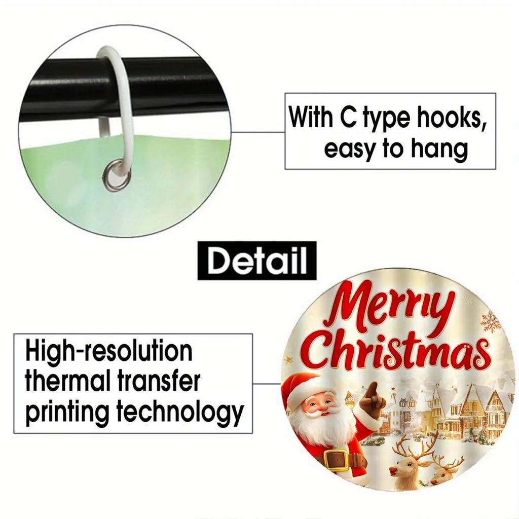 4Pcs Bathroom Shower Curtain Set  Christmas Santa Pattern Bathroom Curtain With 12 Hooks Non Slip Rugs Toilet Cover Mat Bathroom Partition