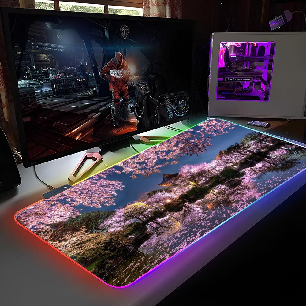 Cherry Blossom Scenery Mouse Pad RGB Backlit Mouse Pad Laptop Mouse Pad Laptop Gamer Computer Desk Gaming Accessories