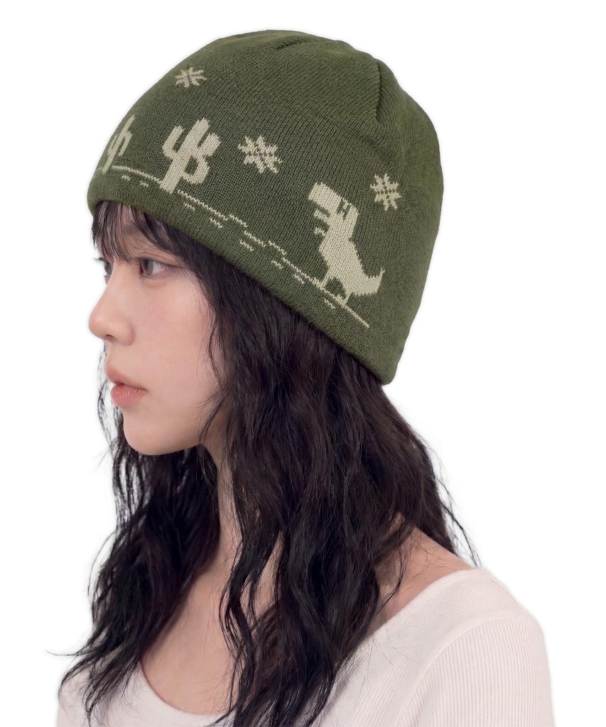 HIDDEN BEHIND Jacquard Dino Beanie (Green)