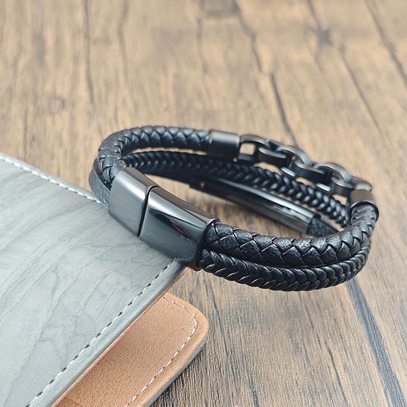 Stainless Steel Locomotive Chain Bracelets Gift for Him Husband Boyfriend Layered Black Leather Wristband Jewelry Homme Pulseras