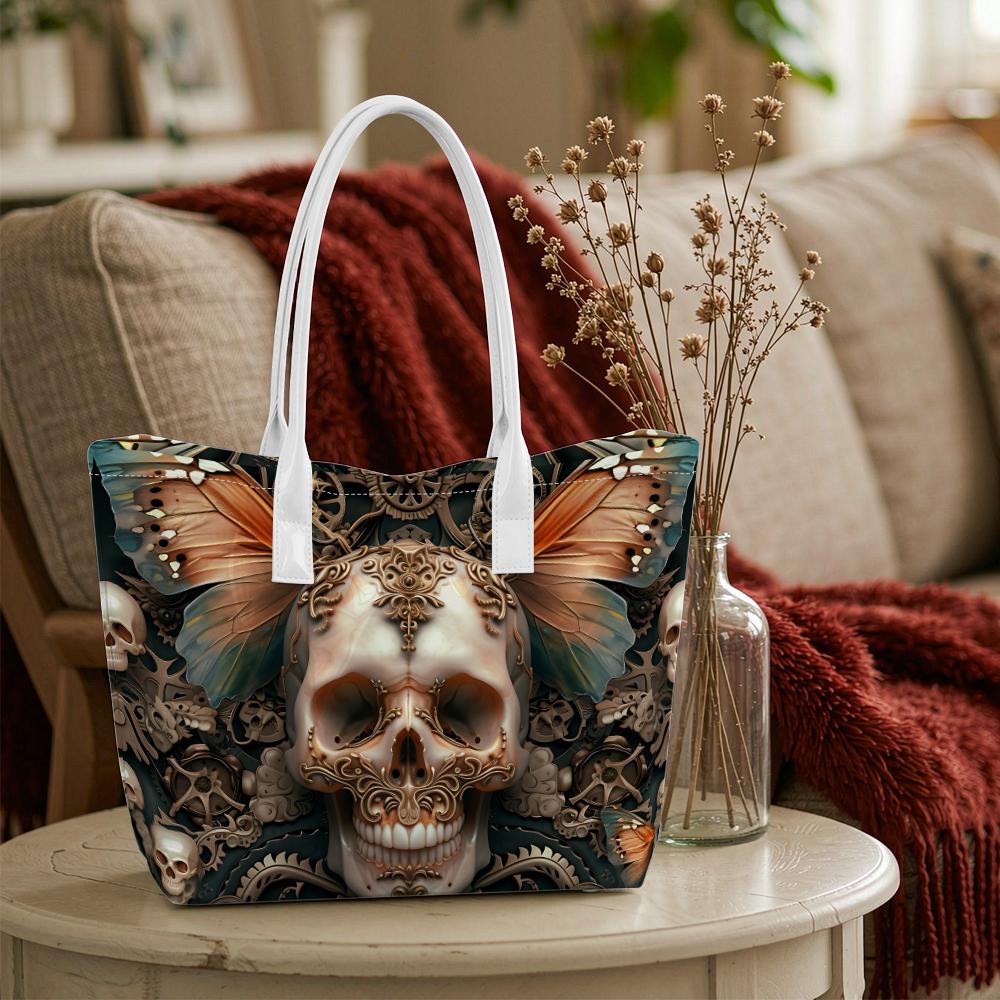 Gothic Skull Butterfly Printed Shoulder Bag Casual Daily Use Stylish Lightweight Portable Handbag For Outdoor Shopping