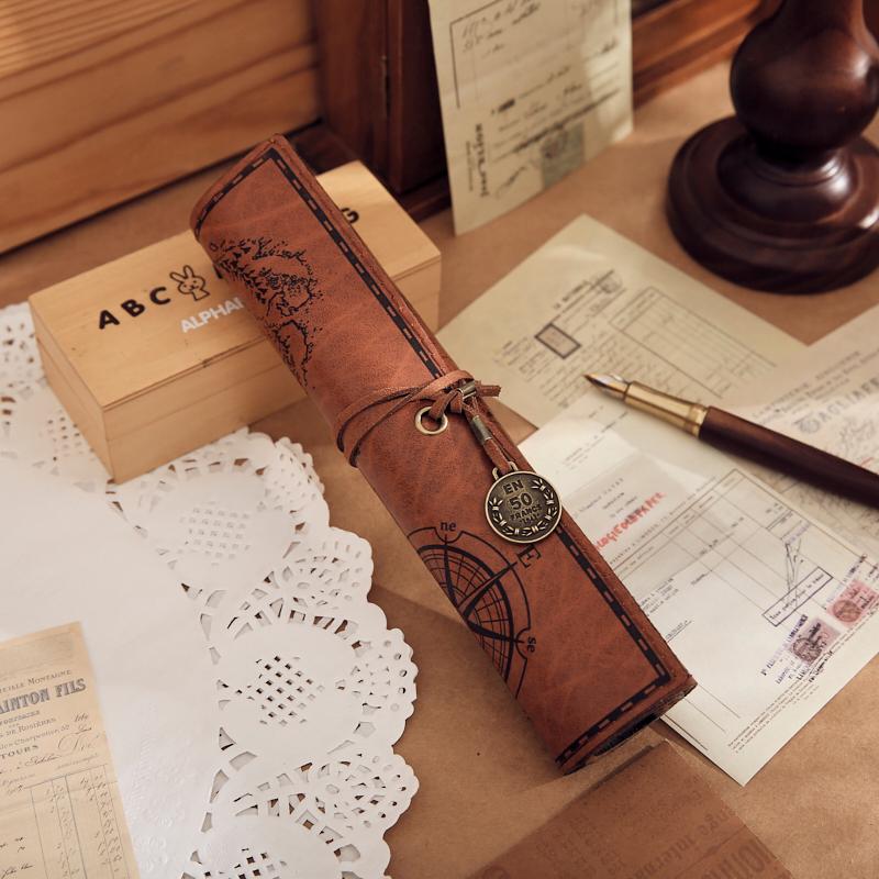 1 Pc Creative Treasure Map Retro PU Leather Large Capacity Pencil Bag Cute and Simple Stationery Box Pencil Bag