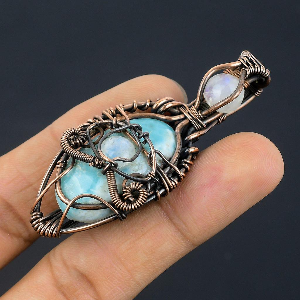 Larimar Pendant Gemstone Jewelry, 999 Copper Wire Wrapped Pendant, Handmade Jewelry Birthstone Pendant, Gift For Him