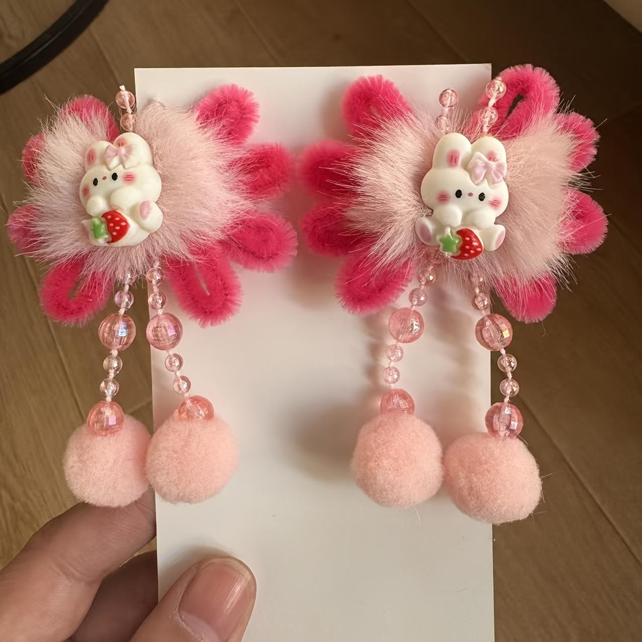 

Two Rabbit Ear Flower Hanfu Hair Clips with The Chinese Character Fu , Antique Style Tassel Hairpins, New Year Hair Accessories, Small Claw Clips Pink Bunny 2pcs