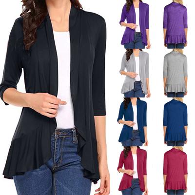 Women's Casual Cardigan With Soft Draped Ruffled Three-quarter Sleeves Cardigan