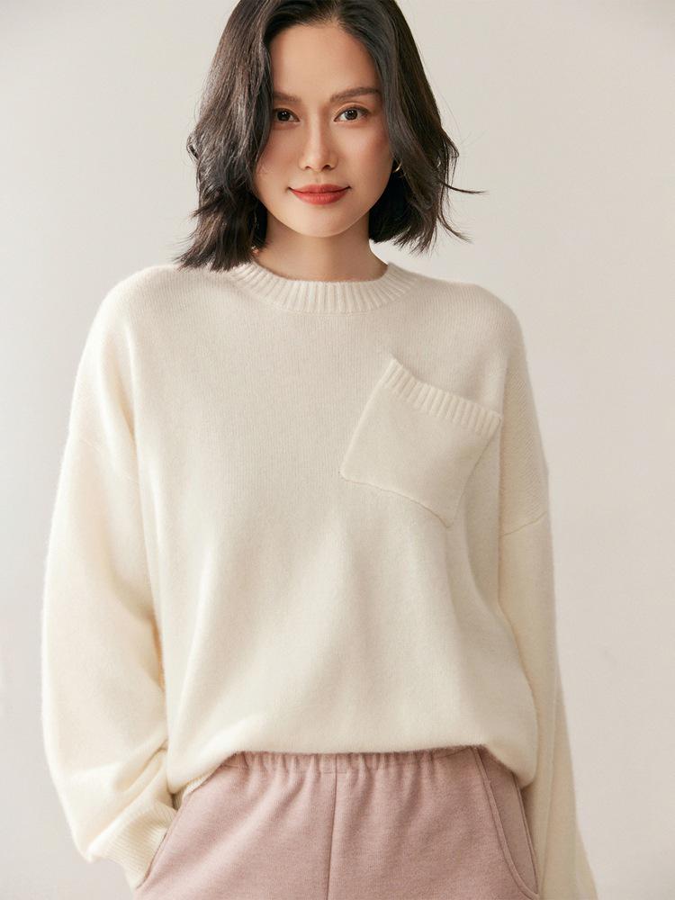 Women's Cashmere Round Neck Sweater - 2025 Autumn/Winter Collection, Loose Fit, Elegant Style, with Pockets for Warmth