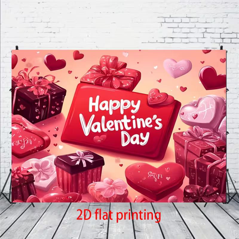 2D Romantic Couple Photography Backdrop with "Happy Valentine's Day" Gifts and Hearts
