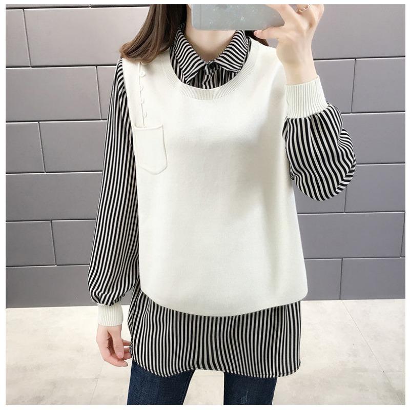 Korean Fashion Fake Two Pieces Blouse Women Casual O-neck Long Sleeve Patchwork Tops