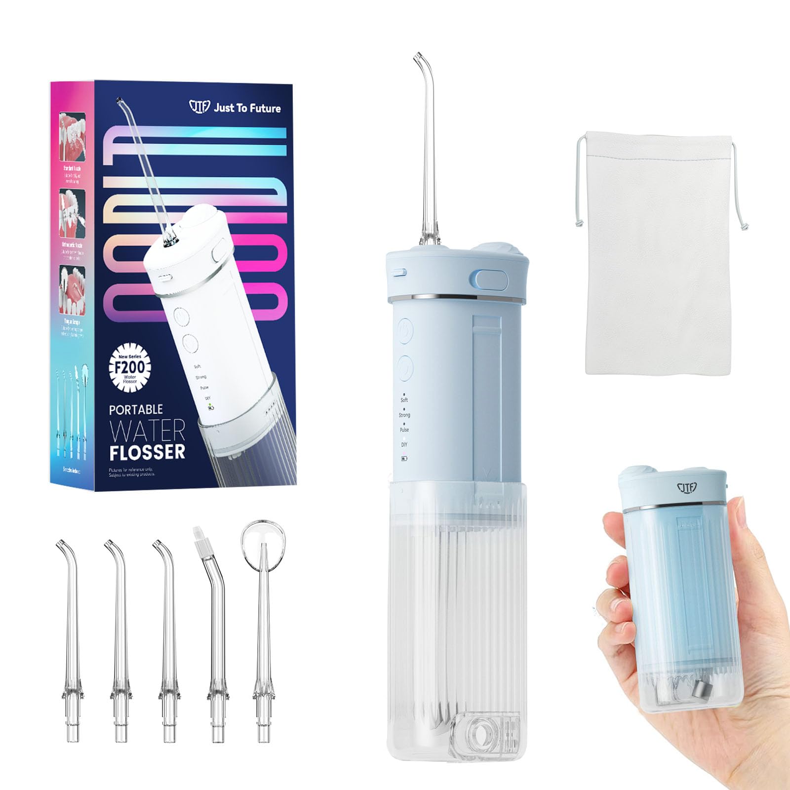 JTF Oral Irrigator Jet 230ml 5 Replacement Mini Portable Water 4 11 Intensity IPX7 USB Travel Home with Storage Pouch Washer, Tank, Nozzles, Cordless,