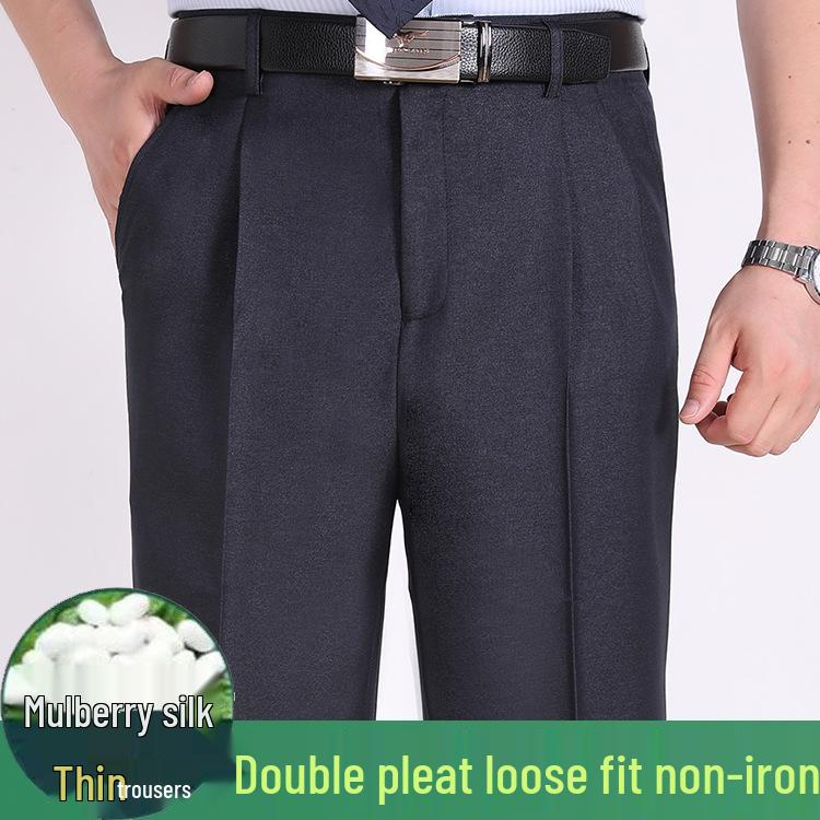 Men's Summer Mulberry Silk Dress Pants: Double Pleated, Loose Fit, Straight Leg, High Waist, Deep Crotch.