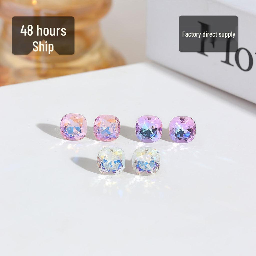 Aurora Square Stud Earrings Set: Pink, Purple, White Gradient Cubic Zirconia for Women - Multi-Color Versatile Jewelry.