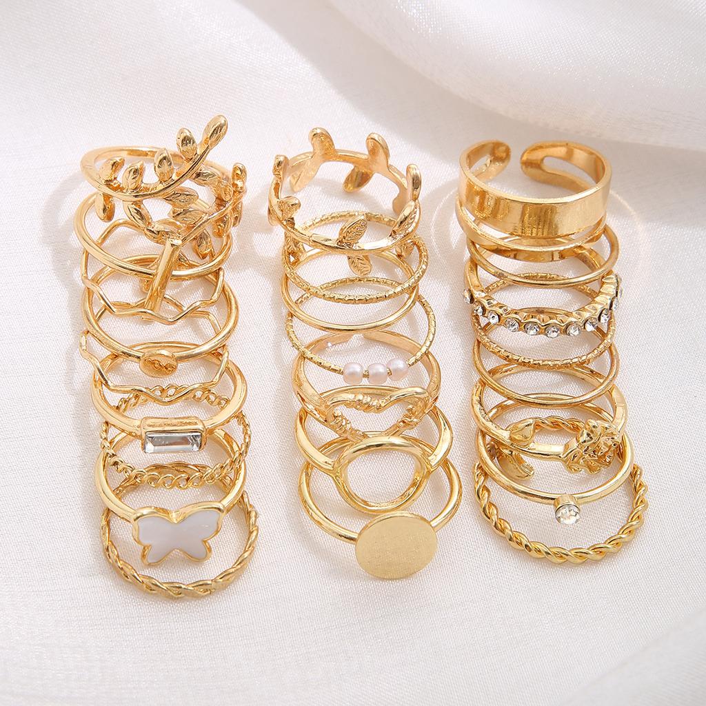Luxury 3D Embossed Butterfly Leaf Multi-Joint Rings Hollow Heart Geometric Combo, Vintage Hong Kong Style Stackable Ring Set