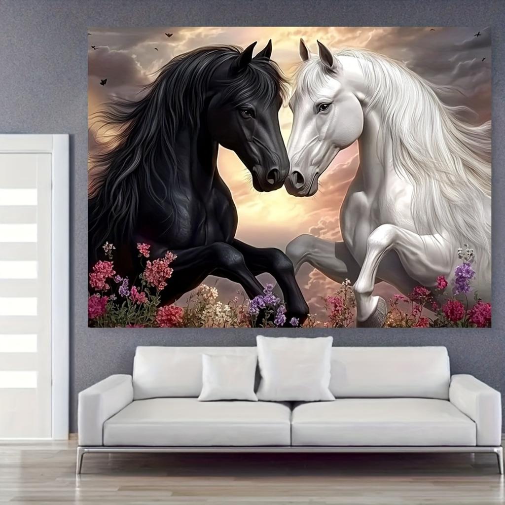 Black And White Horses Tapestry Wall Hanging, Yin Yang Stallions Art Tapestry For Living Room Bedroom, Aesthetic Home Decor