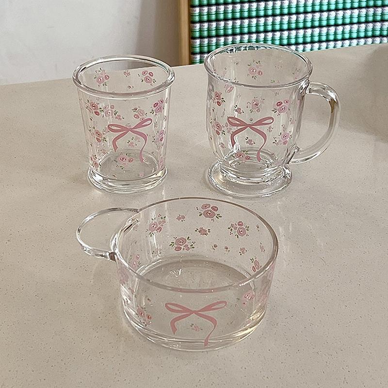 Original French Rose Glass Cup, Bow Knot, Fragmented Flowers Cold Extract Cup, Girl Milk Cup, Coffee Breakfast Cup
