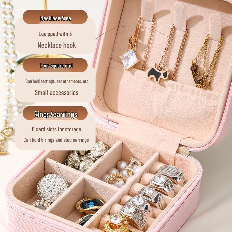 Compact Crossgrain Leather Jewelry Box for Earrings, Rings, and Necklaces
