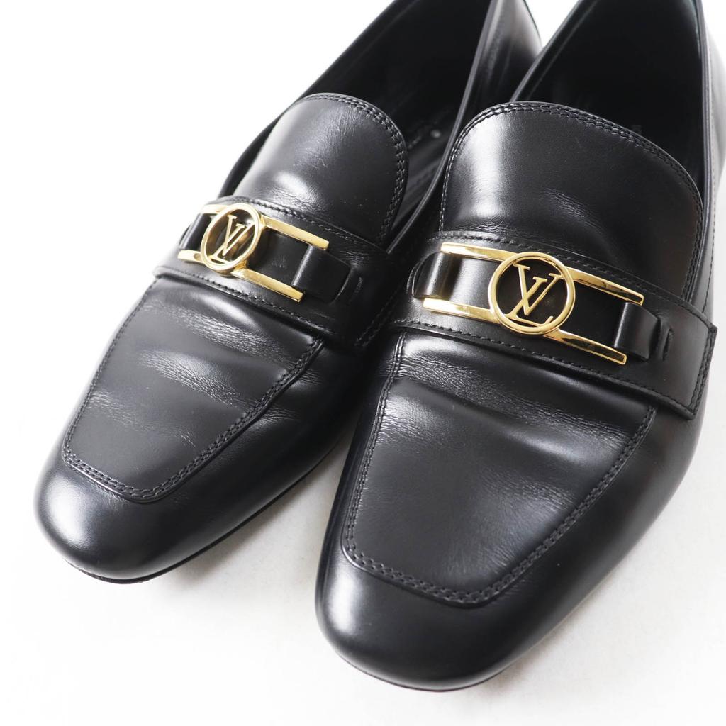LOUIS VUITTON loafers Square toe with LV Metal logo black leather Women 37.5 Used