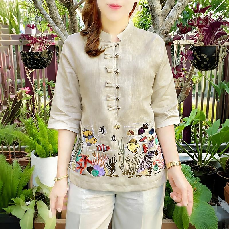 ZANZEA Damen Lässig Stehkragen Locker Halber Ärmel Print Bluse