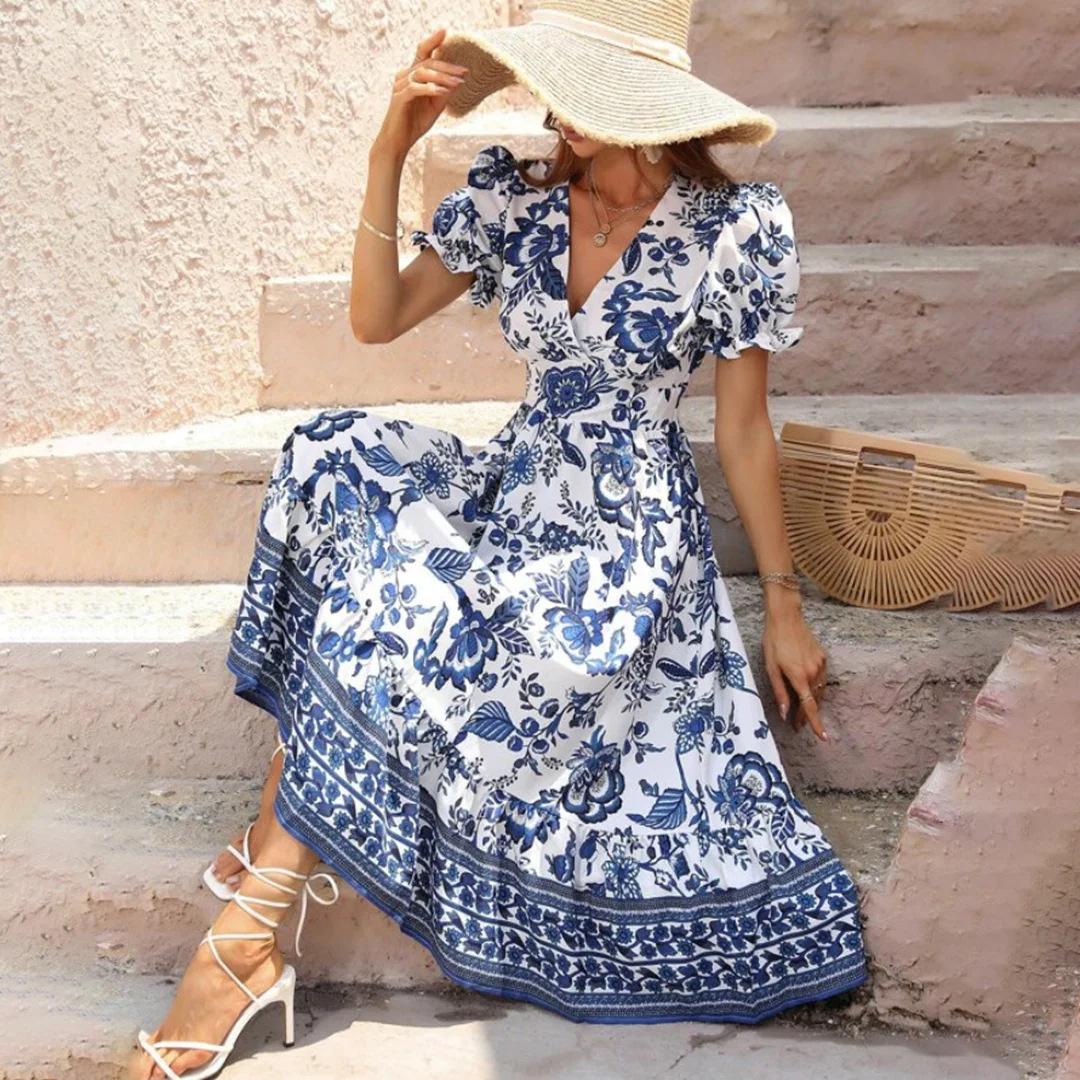 2026 European and American summer on the new V-neck printing fashion elegant bohemian vacation style dress long dress S