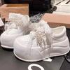 Korean Version of Genuine Leather Big Head Lace Bow Pearl Bread Shoes Platform Muffin Small 6cm Casual Board Shoes Women