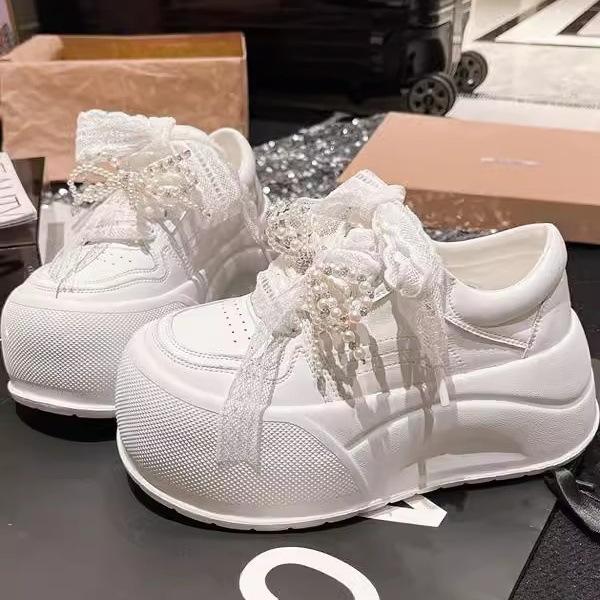 Korean Version of Genuine Leather Big Head Lace Bow Pearl Bread Shoes Platform Muffin Small 6cm Casual Board Shoes Women