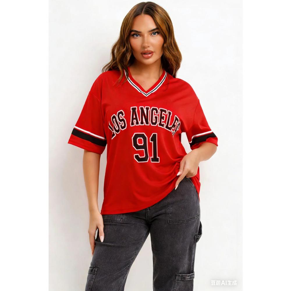Sommer Damen Los Angeles Nr. 91 Sportbekleidung Trikot T-Shirt V-Ausschnitt Locker Mode Streetwear Kurzarm Freizeit Urlaubs Oberteil