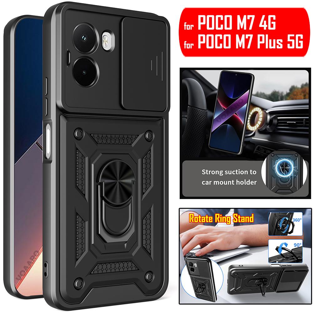 Slide Lens Armor Funda for Xiaomi POCO M7 4G Case for POCO M7 Plus 5G Case Magnetic Ring Stand Holder Cover Shockproof Capa